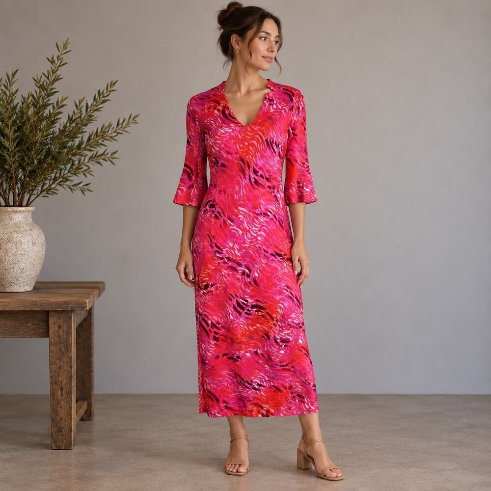 Leggiadro Pink Dress Abstract V Neck Half Sleeve Knit 8